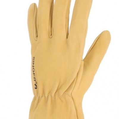 luvas de proteção em couro amarelo claro com texto SINGER