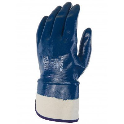 Luva de proteção azul com punho branco e texto SINGER