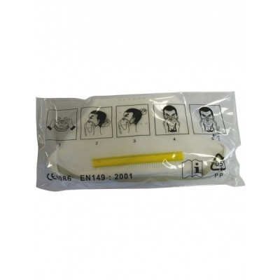 Máscara de proteção embalada com instruções ilustradas