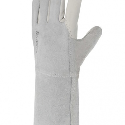 Luva de proteção cinza com punho longo e dedo indicador mais claro