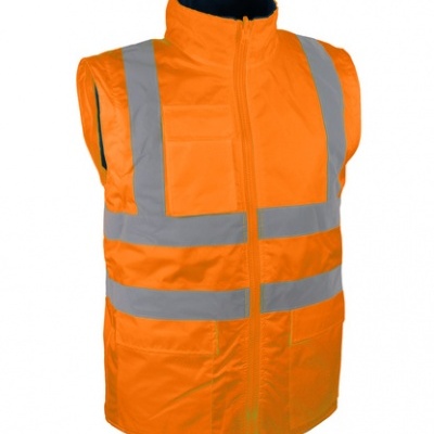 Colete de segurança laranja com faixas refletoras e zíper frontal