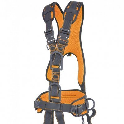 Arnês de segurança preto e laranja com fivelas ajustáveis