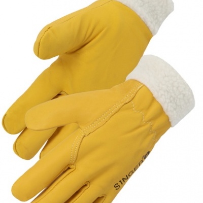 Luvas amarelas com punho branco felpudo e logo SINGER