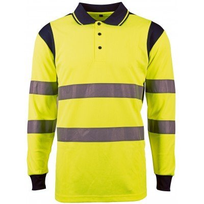 Polo de manga comprida amarelo fluorescente com faixas refletoras e gola preta