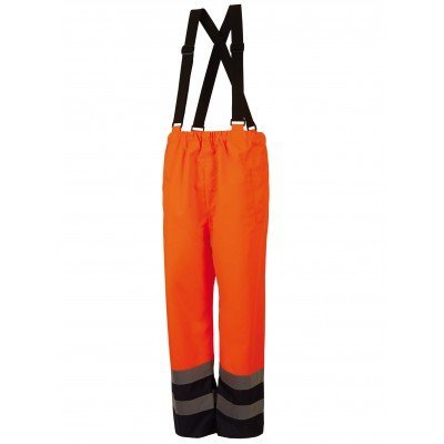 Calças impermeáveis laranja com tirantes e faixas refletoras