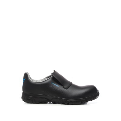 Sapato de segurança preto de couro com sola preta e interior cinzento