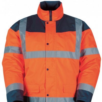 Casaco de alta visibilidade laranja e azul com faixas refletoras cinza