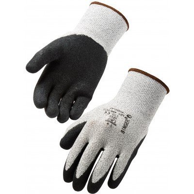 Par de luvas de proteção cinza e preto com inscrições na parte de trás.