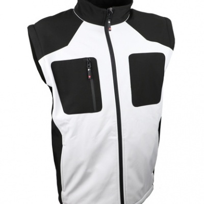 Colete masculino branco e preto com bolsos frontais e gola alta