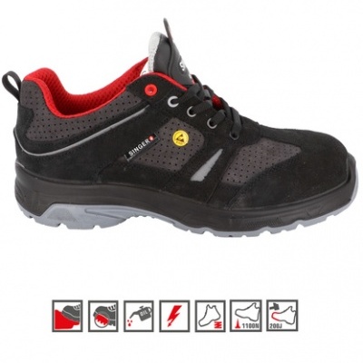 Ténis de segurança pretos com detalhes vermelhos e cinza