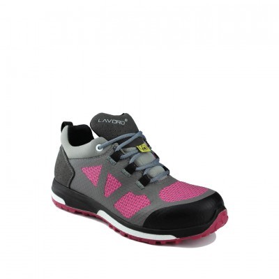 sapatilha de segurança cinzenta e rosa com atacadores azuis