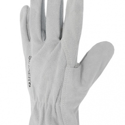 Luva de trabalho cinza em material tipo camurça com punho vermelho e texto preto