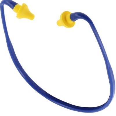 Protector auditivo arnês azul e amarelo com pontas auriculares