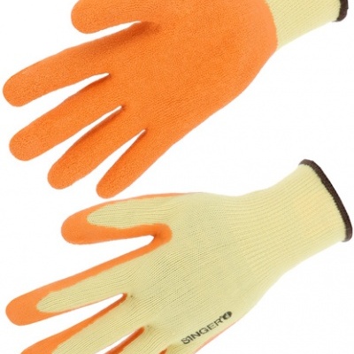 Luvas de trabalho amarelas com palma laranja e punho elástico.