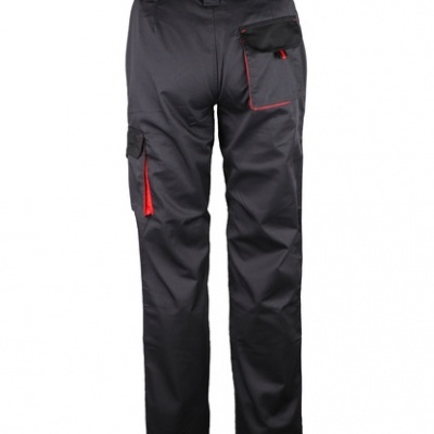 Calças de trabalho pretas com detalhes vermelhos e bolsos