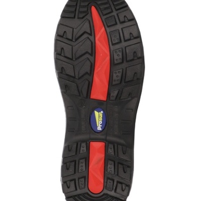 Sola de sapato preta com detalhes vermelhos e logótipo ProSafe no centro