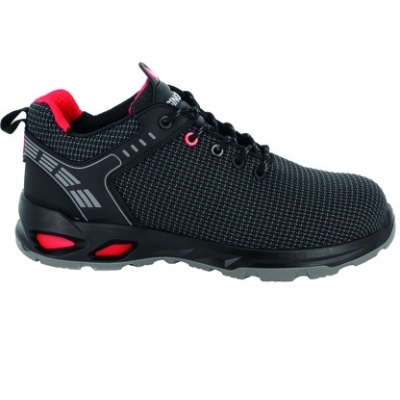 Ténis desportivo preto com detalhes vermelhos e padrão de grelha cinzenta