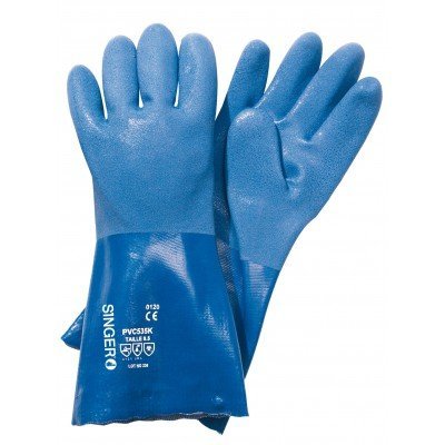 Luvas de proteção azuis com texto e símbolos impressos