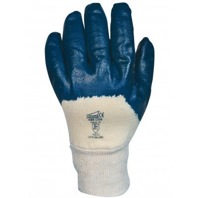 Luvas de proteção com palma azul e parte de trás branca com certificações