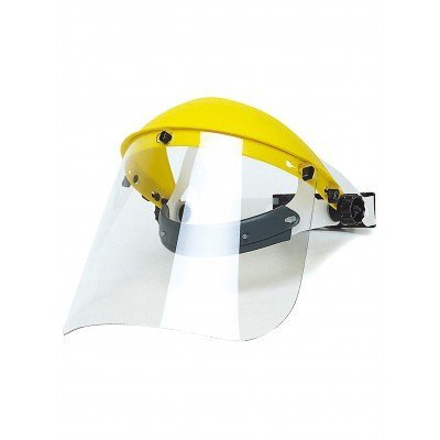 Escudo facial amarelo com viseira clara e suporte preto