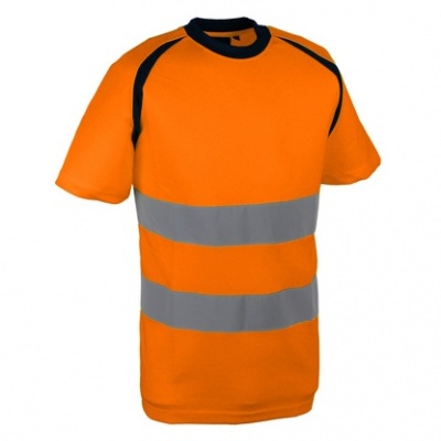 T-shirt alta visibilidade laranja com faixas reflexivas cinzentas e detalhes pretos