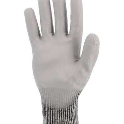 Luva de trabalho cinzenta com revestimento na palma e dedos, punho com riscas cinzentas e castanhas