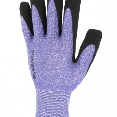 Luvas de proteção lilás com pontas dos dedos pretas e texto SINGER