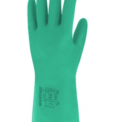 Luva de proteção verde em borracha com texto e símbolos pretos