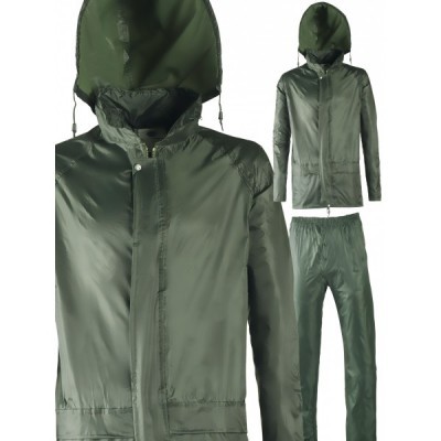 Conjunto impermeável verde com capa e calças com capuz