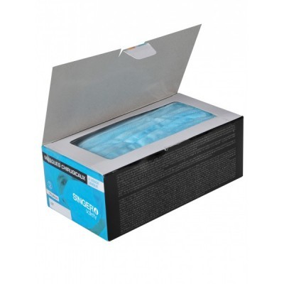 Caixa de máscaras cirúrgicas azuis abertas