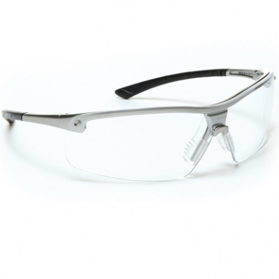 Óculos de segurança com armação prateada e lentes transparentes