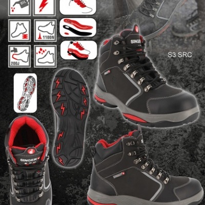 Botas de segurança pretas e vermelhas SINGER MILAN com ícones de propriedades técnicas
