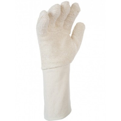 Luvas de proteção de tecido grosso bege com texturas distintas