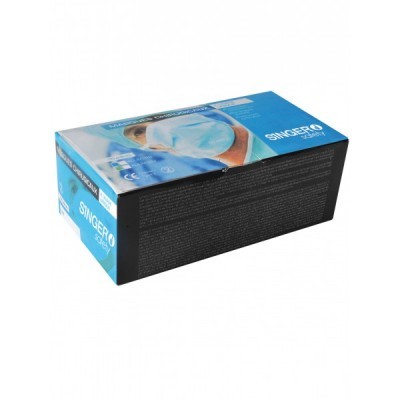 Caixa de máscara cirúrgica descartável Singer azul e preta com imagem de pessoa a usar máscara