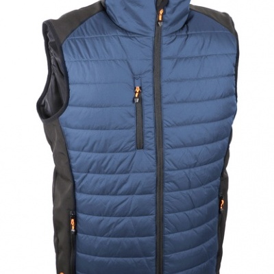 Colete acolchoado azul com detalhes pretos e fechos de correr laranja