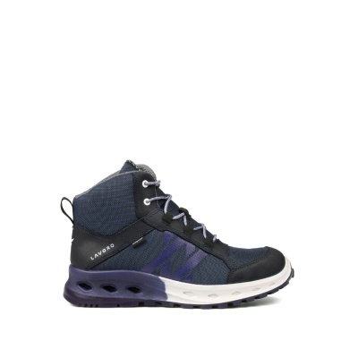 Bota de trabalho azul escuro com sola branca e roxa