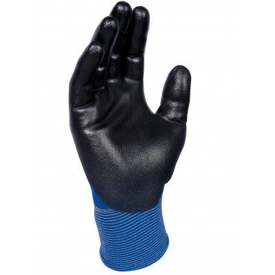 Luvas de trabalho pretas com punho azul em fundo branco