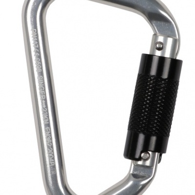 Mosquetão metálico prateado com trava preta