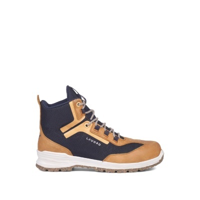 Bota de caminhada preta e castanha com sola branca e escritas LAVORO