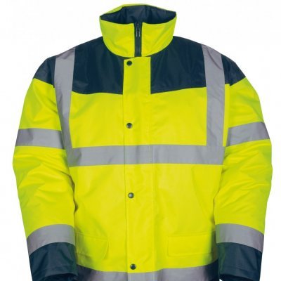 Casaco de segurança amarelo fluorescente com detalhes cinza e azul escuro