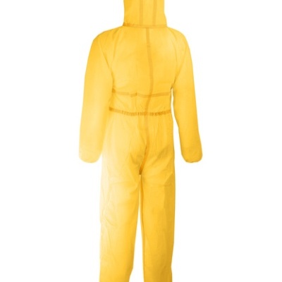 Macacão de proteção amarelo com capuz visto de costas