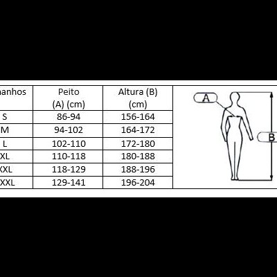 Tabela de tamanhos com medidas de peito e altura e figura esquemática de uma pessoa