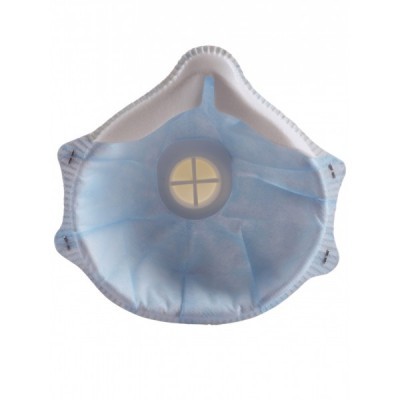 Máscara facial descartável azul com válvula amarela e bordas brancas