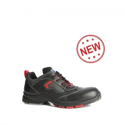 Sapato de segurança preto com detalhes vermelhos e selo NEW