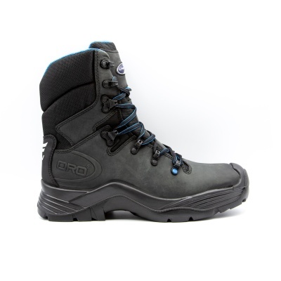 Bota alta preta de segurança com sola antiderrapante e atacadores azuis e pretos