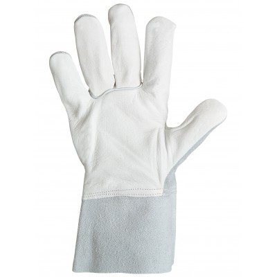 Luva de proteção industrial em couro branco e cinzento.