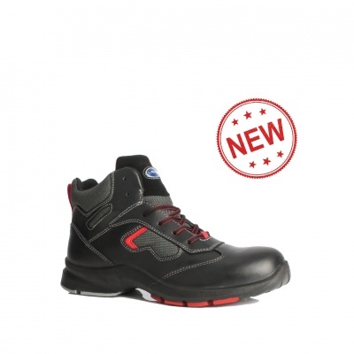 Bota preta com detalhes vermelhos e selo NEW vermelho