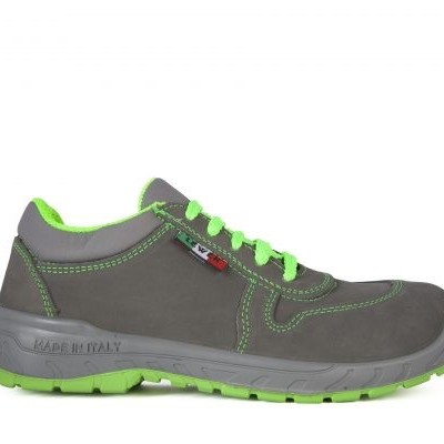 Ténis de segurança cinza com detalhes verdes fluorescentes