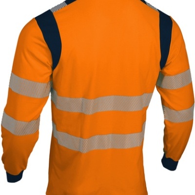 Camisola de manga comprida laranja com faixas refletoras cinzentas e detalhes azuis atrás