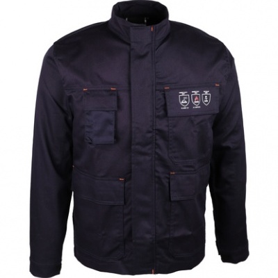 Casaco de trabalho azul escuro com múltiplos bolsos e patches distintivos.